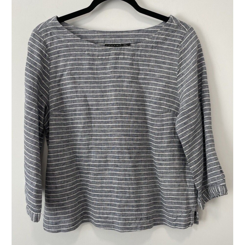 Tahari Size M Blouse Gray 100% Linen Boxy Minimalist Comfort Pullover Classic